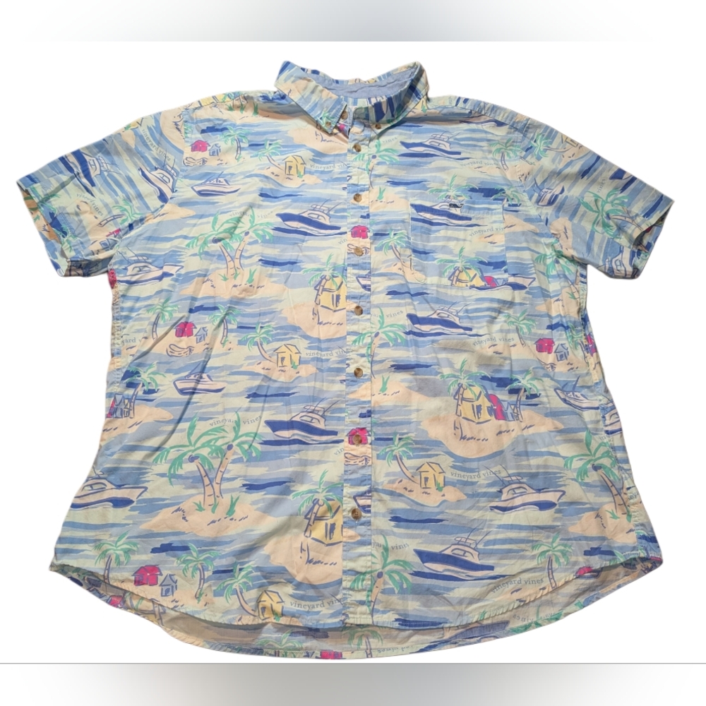Men's Casual Short-Sleeve Beach Print Shirt - Light Blue